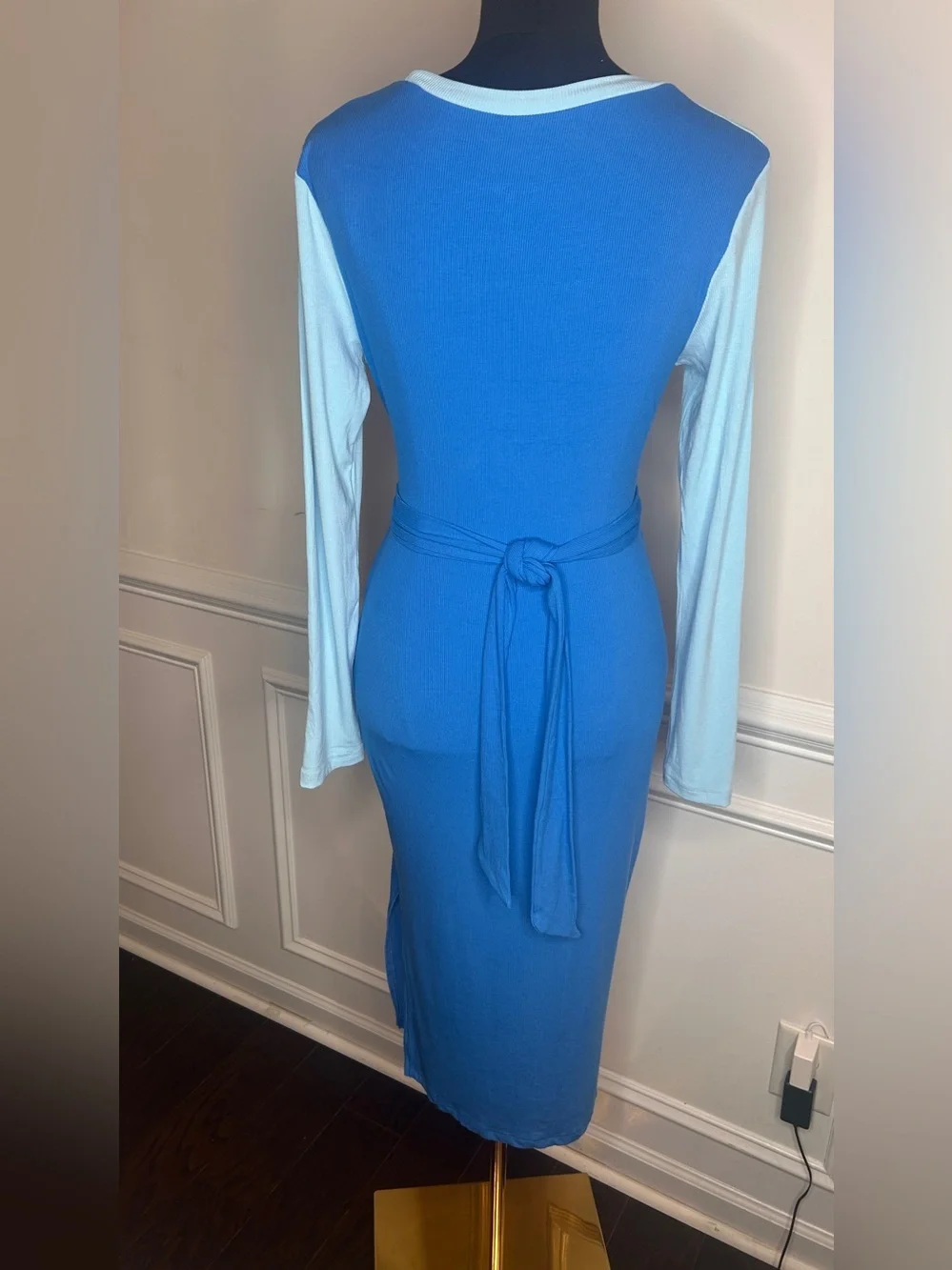 Light Blue Twist Front Long Sleeve Top with Royal Blue Midi Skirt
